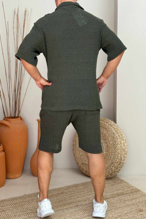 SHORT SLEEVES SHIRT+SHORTS ONE COLOR MEN SET DARK GREEN/JEE - 3