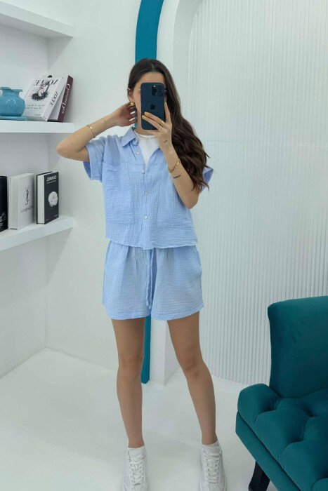 SHORT SLEEVES SHIRT+SHORTS ONE COLOR WOMEN SET BABY BLUE/BLU BY 