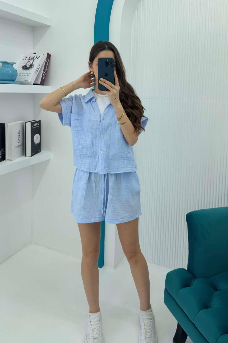 SHORT SLEEVES SHIRT+SHORTS ONE COLOR WOMEN SET BABY BLUE/BLU BY - 1