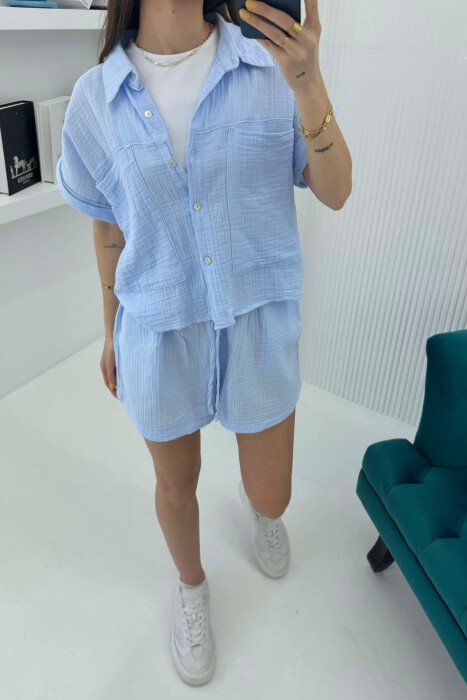 SHORT SLEEVES SHIRT+SHORTS ONE COLOR WOMEN SET BABY BLUE/BLU BY - 2