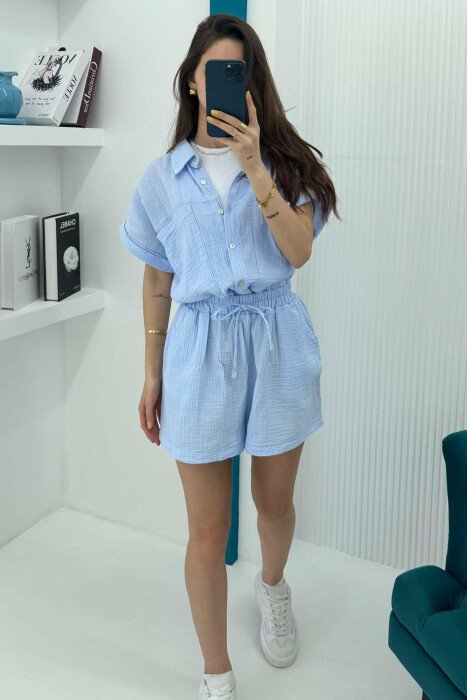 SHORT SLEEVES SHIRT+SHORTS ONE COLOR WOMEN SET BABY BLUE/BLU BY - 5
