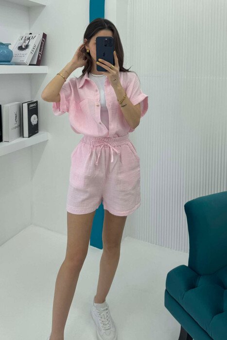 SHORT SLEEVES SHIRT+SHORTS ONE COLOR WOMEN SET BABY PINK/ROZB 