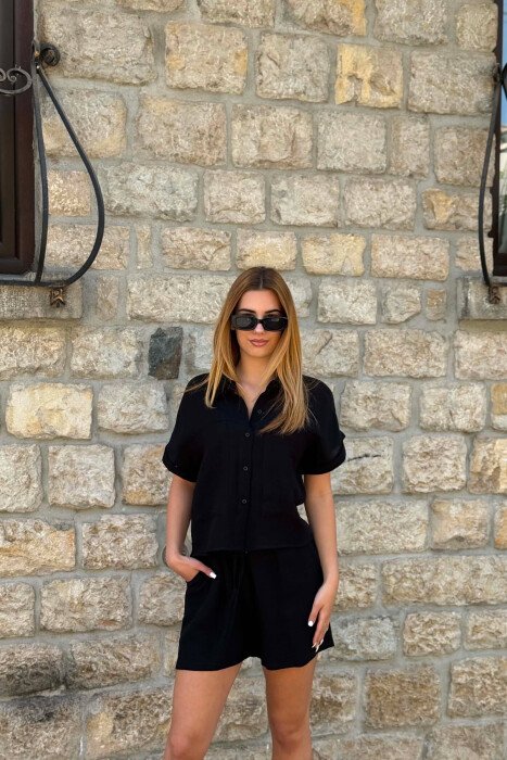 SHORT SLEEVES SHIRT+SHORTS ONE COLOR WOMEN SET BLACK/ E ZEZE - 3