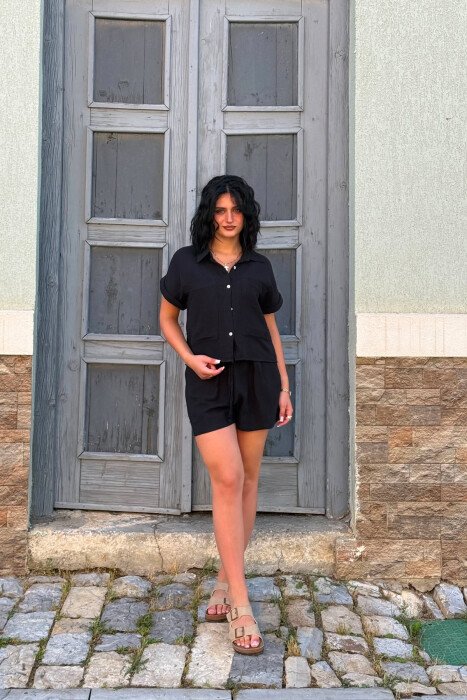 SHORT SLEEVES SHIRT+SHORTS ONE COLOR WOMEN SET BLACK/ E ZEZE - 1