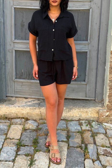 SHORT SLEEVES SHIRT+SHORTS ONE COLOR WOMEN SET BLACK/ E ZEZE - 2