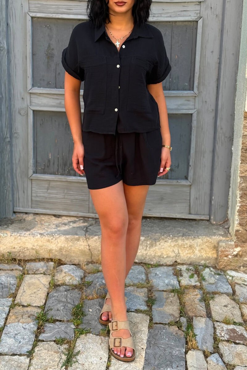 SHORT SLEEVES SHIRT+SHORTS ONE COLOR WOMEN SET BLACK/ E ZEZE - 2