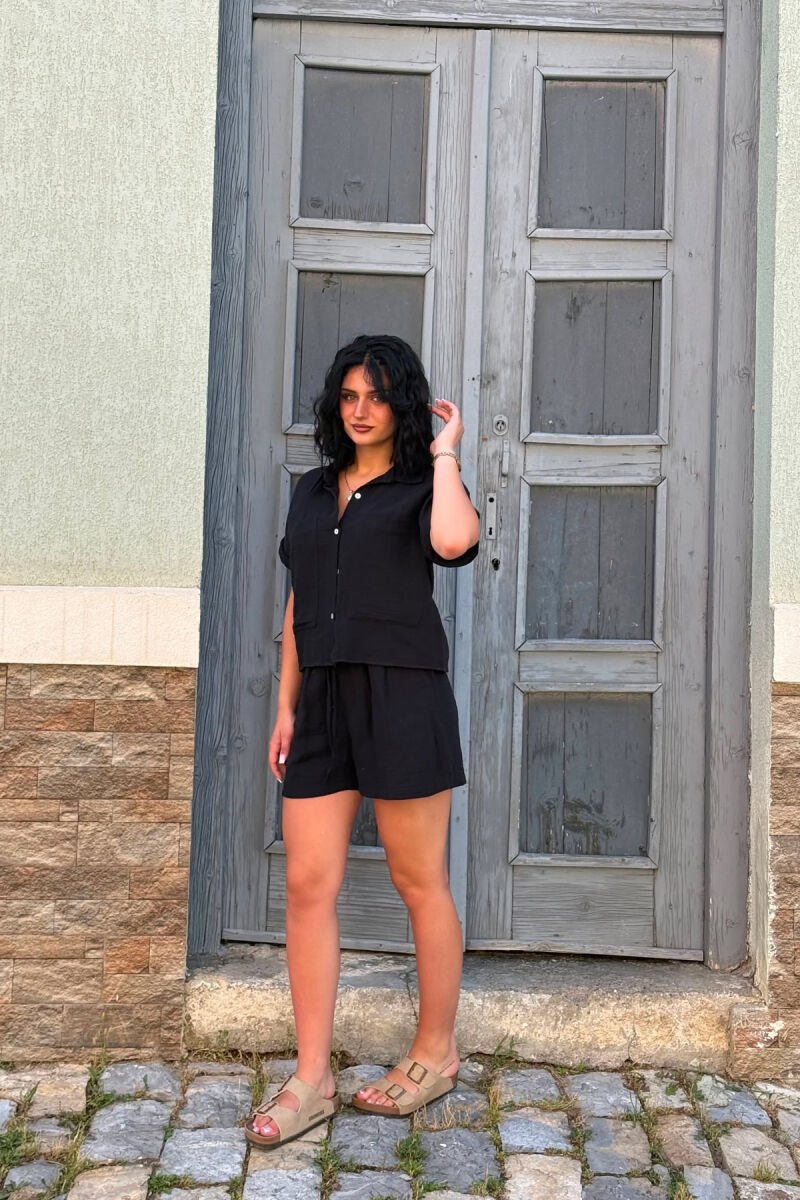 SHORT SLEEVES SHIRT+SHORTS ONE COLOR WOMEN SET BLACK/ E ZEZE - 3