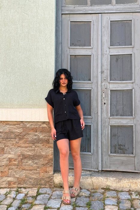 SHORT SLEEVES SHIRT+SHORTS ONE COLOR WOMEN SET BLACK/ E ZEZE - 5