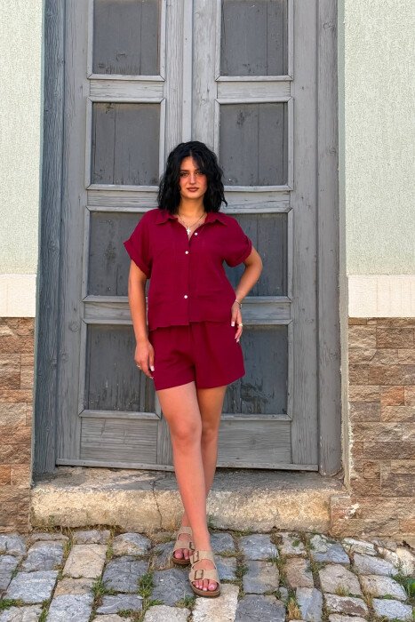 SHORT SLEEVES SHIRT+SHORTS ONE COLOR WOMEN SET BURGUNDY/VISHNJE - 1