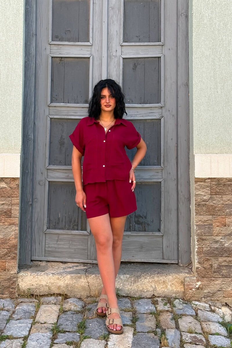 SHORT SLEEVES SHIRT+SHORTS ONE COLOR WOMEN SET BURGUNDY/VISHNJE - 1