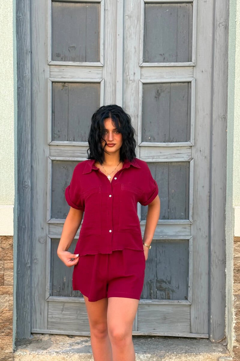 SHORT SLEEVES SHIRT+SHORTS ONE COLOR WOMEN SET BURGUNDY/VISHNJE - 2