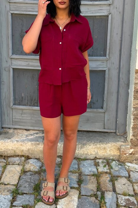SHORT SLEEVES SHIRT+SHORTS ONE COLOR WOMEN SET BURGUNDY/VISHNJE - 3