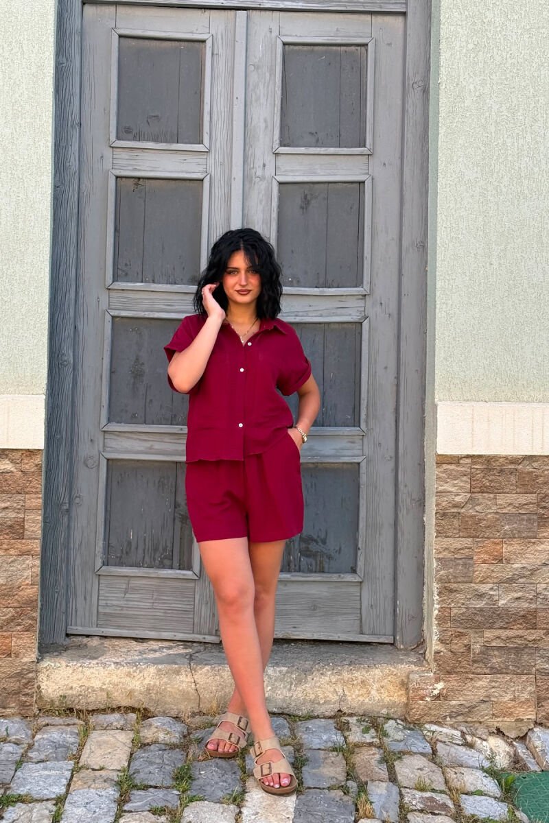 SHORT SLEEVES SHIRT+SHORTS ONE COLOR WOMEN SET BURGUNDY/VISHNJE - 6