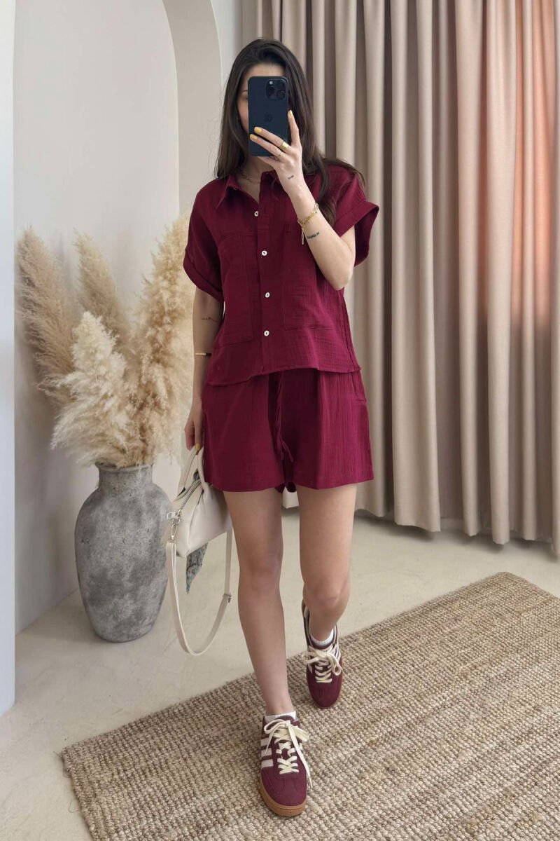 SHORT SLEEVES SHIRT+SHORTS ONE COLOR WOMEN SET BURGUNDY/VISHNJE - 1