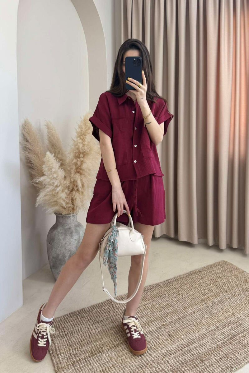 SHORT SLEEVES SHIRT+SHORTS ONE COLOR WOMEN SET BURGUNDY/VISHNJE - 4
