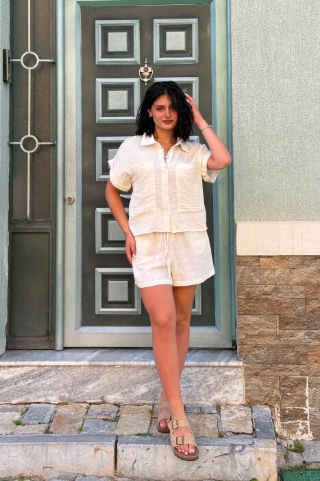 SHORT SLEEVES SHIRT+SHORTS ONE COLOR WOMEN SET CREAM/KREM 