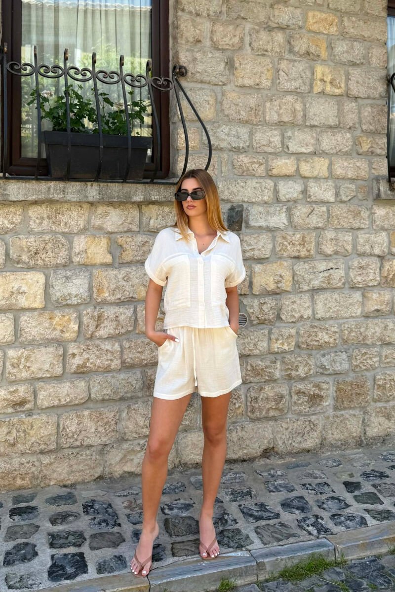 SHORT SLEEVES SHIRT+SHORTS ONE COLOR WOMEN SET CREAM/KREM - 7