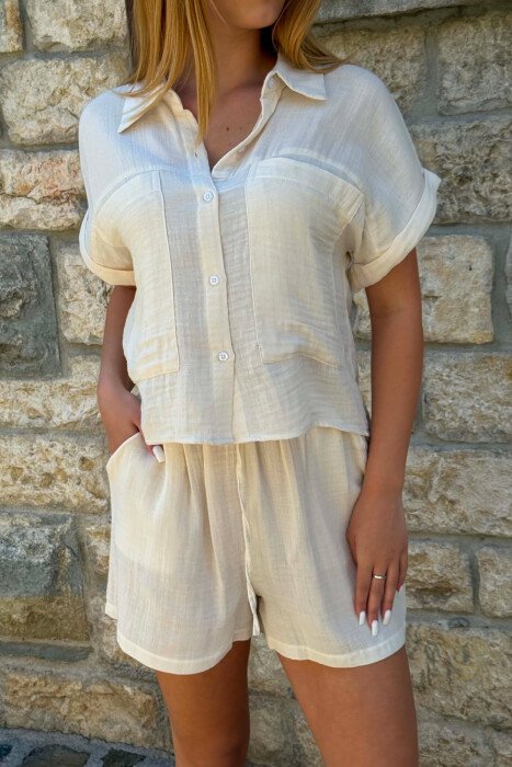 SHORT SLEEVES SHIRT+SHORTS ONE COLOR WOMEN SET CREAM/KREM - 8