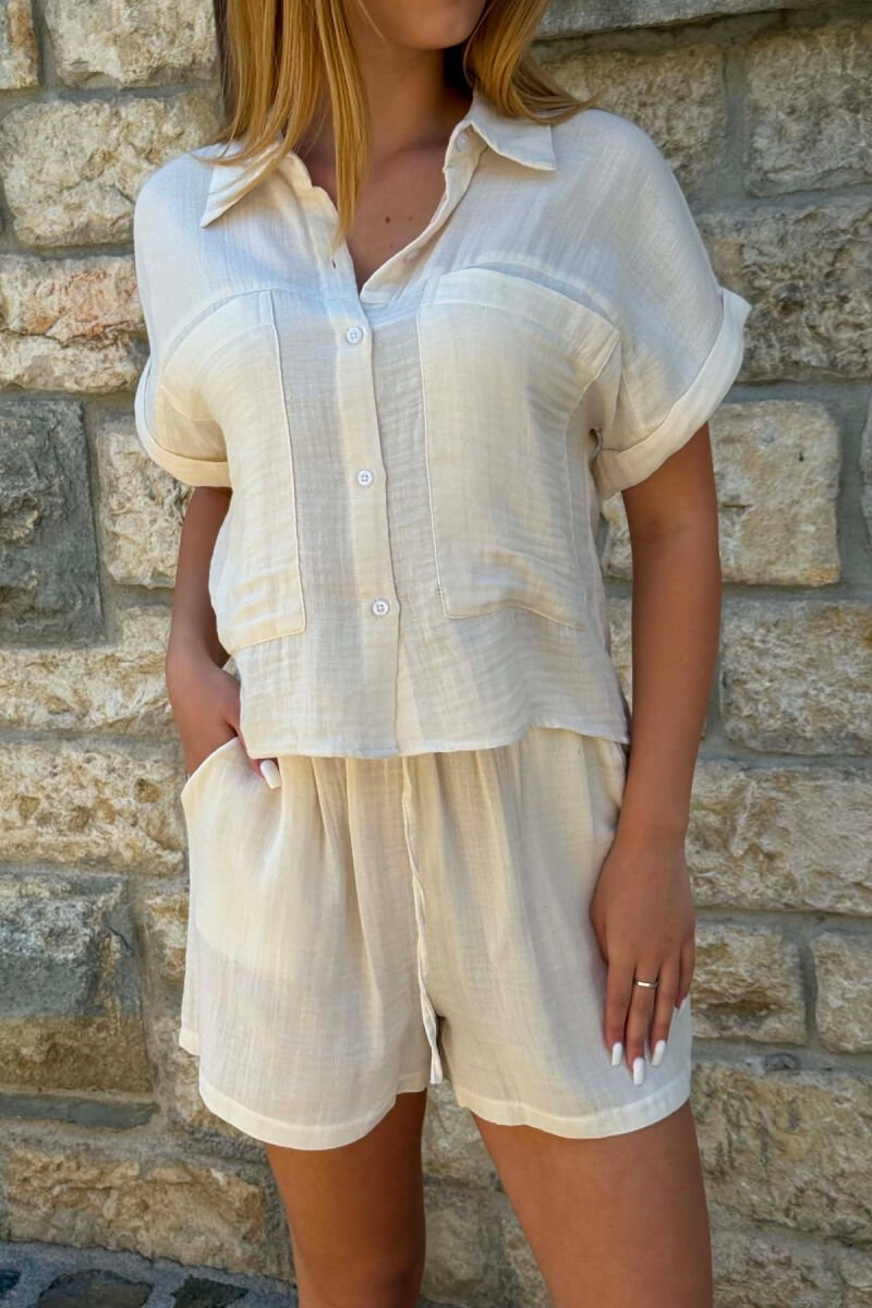 SHORT SLEEVES SHIRT+SHORTS ONE COLOR WOMEN SET CREAM/KREM - 8