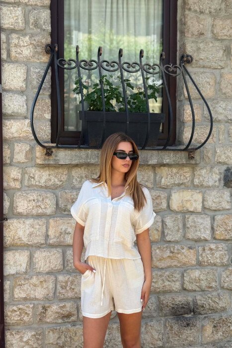 SHORT SLEEVES SHIRT+SHORTS ONE COLOR WOMEN SET CREAM/KREM - 12