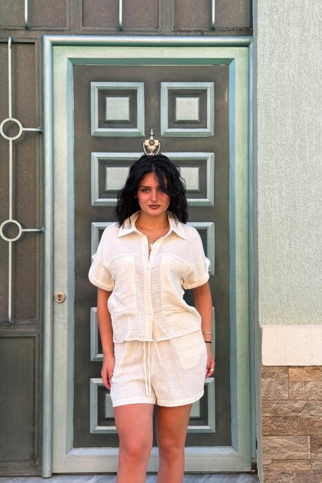 SHORT SLEEVES SHIRT+SHORTS ONE COLOR WOMEN SET CREAM/KREM - 3