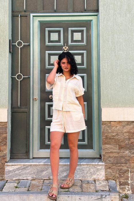 SHORT SLEEVES SHIRT+SHORTS ONE COLOR WOMEN SET CREAM/KREM - 4