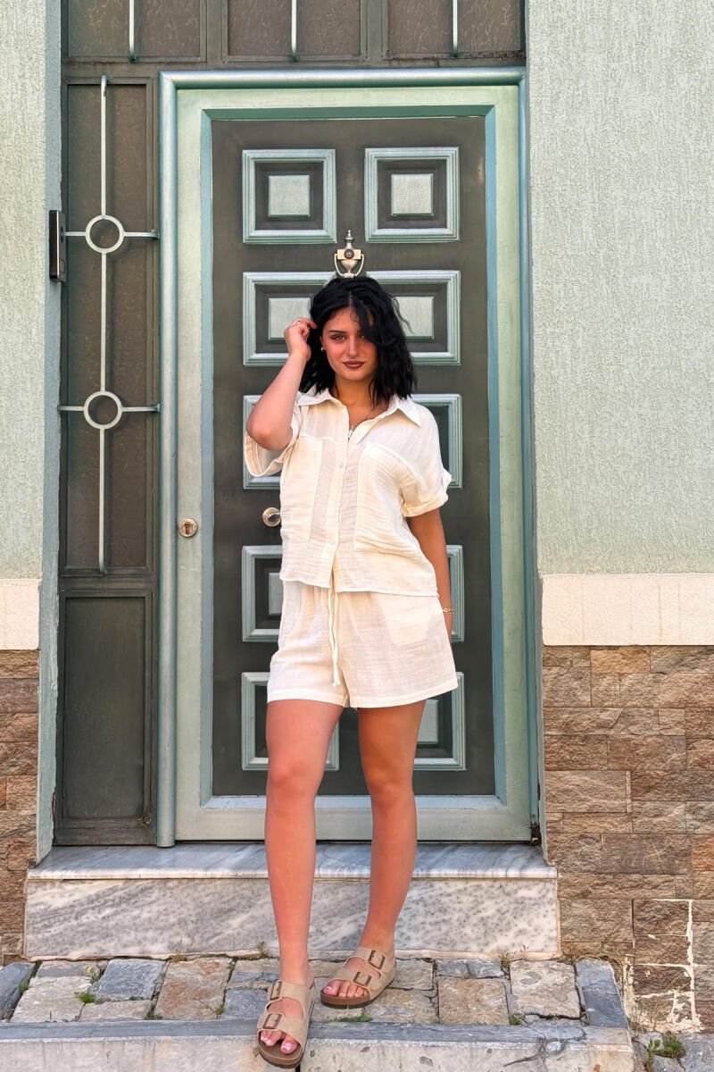 SHORT SLEEVES SHIRT+SHORTS ONE COLOR WOMEN SET CREAM/KREM - 4