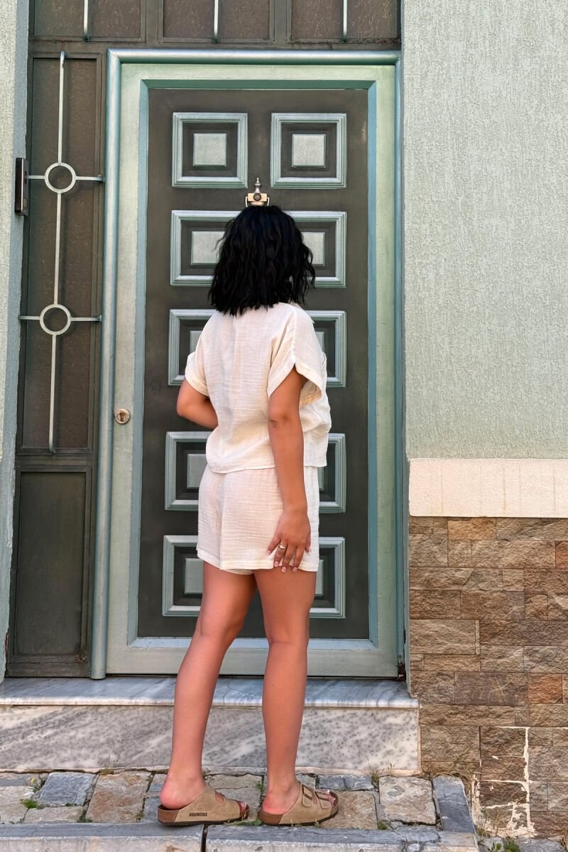 SHORT SLEEVES SHIRT+SHORTS ONE COLOR WOMEN SET CREAM/KREM - 5