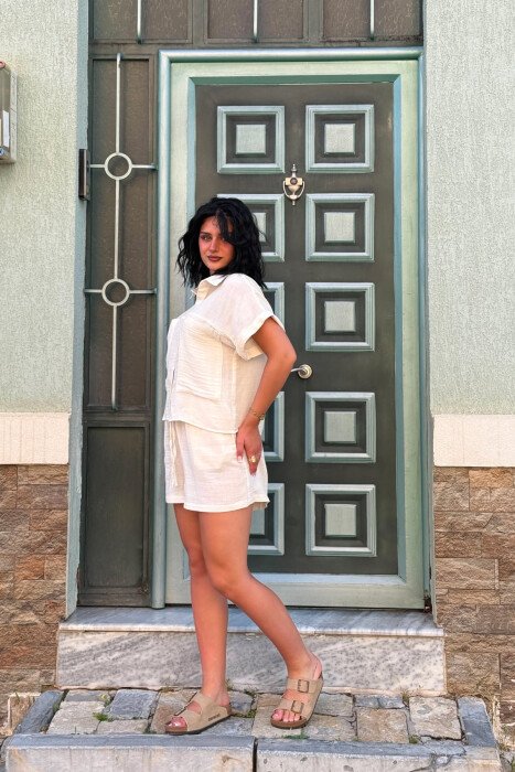 SHORT SLEEVES SHIRT+SHORTS ONE COLOR WOMEN SET CREAM/KREM - 6