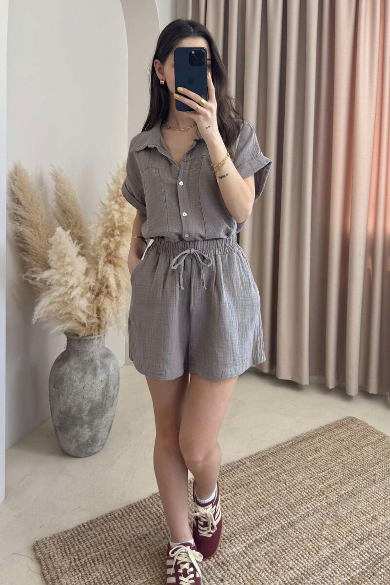 SHORT SLEEVES SHIRT+SHORTS ONE COLOR WOMEN SET GREY/GRI - 1
