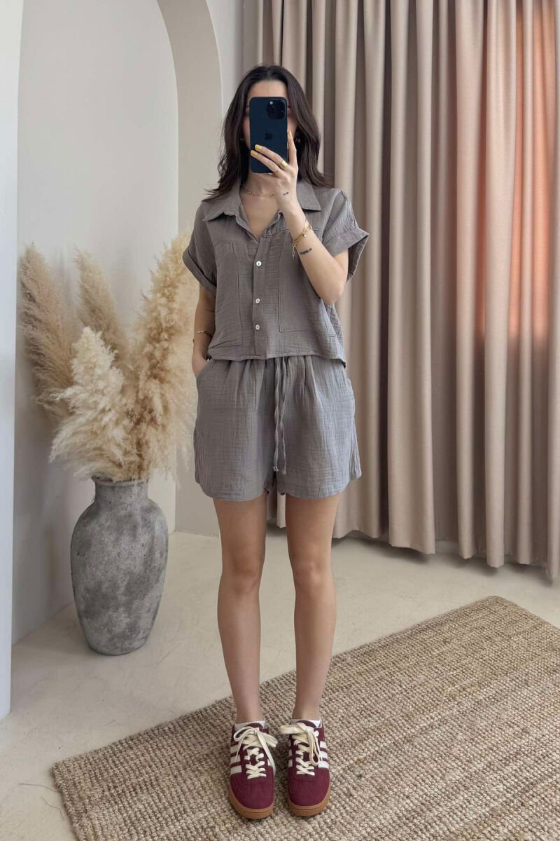 SHORT SLEEVES SHIRT+SHORTS ONE COLOR WOMEN SET GREY/GRI - 2