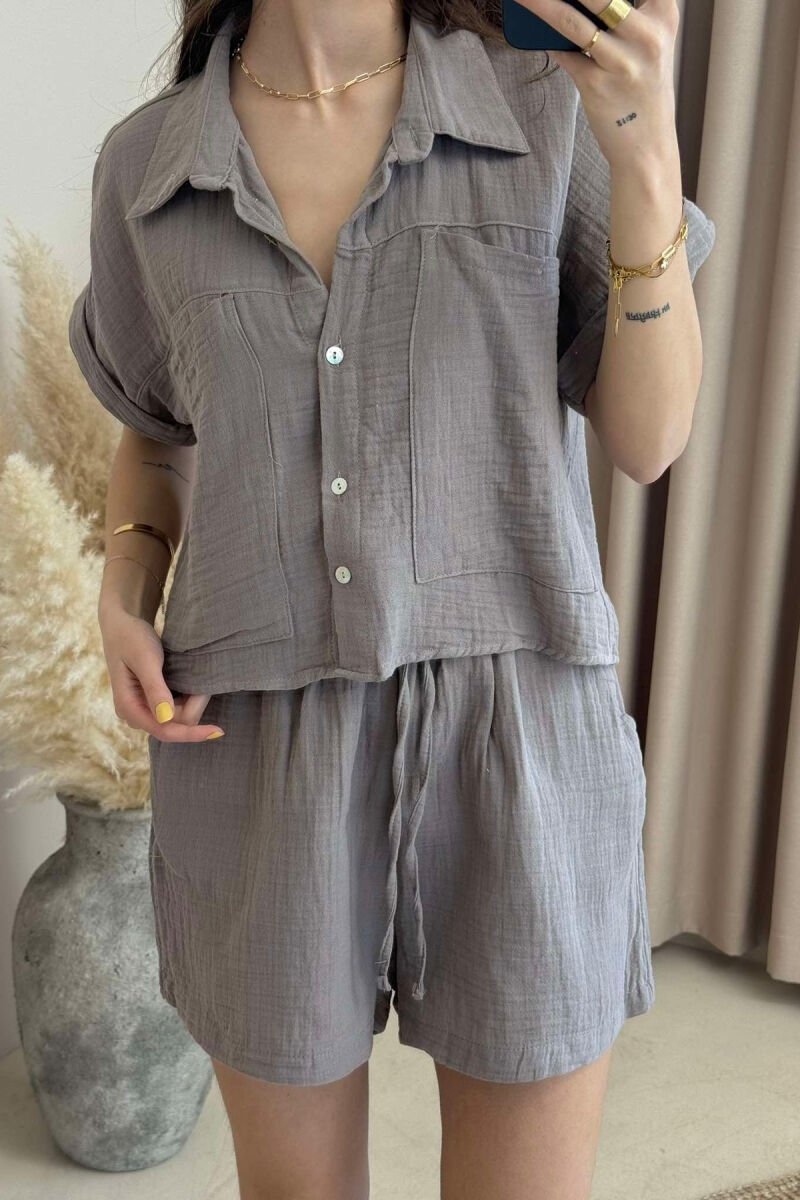 SHORT SLEEVES SHIRT+SHORTS ONE COLOR WOMEN SET GREY/GRI - 3