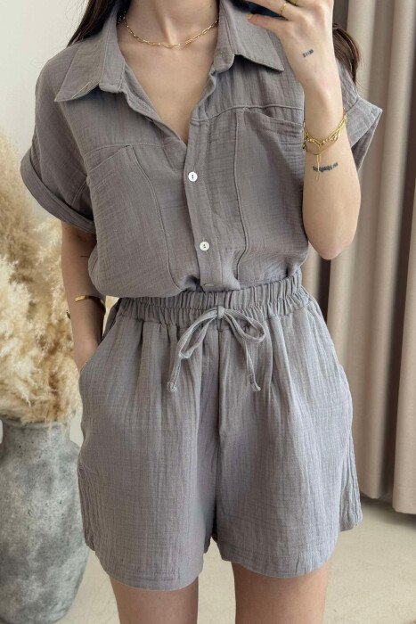 SHORT SLEEVES SHIRT+SHORTS ONE COLOR WOMEN SET GREY/GRI - 4