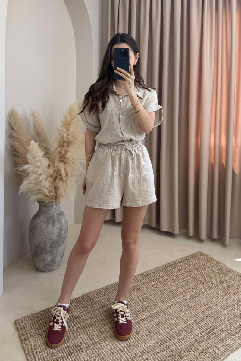 SHORT SLEEVES SHIRT+SHORTS ONE COLOR WOMEN SET LIGHT BEIGE/BZHZB - 1