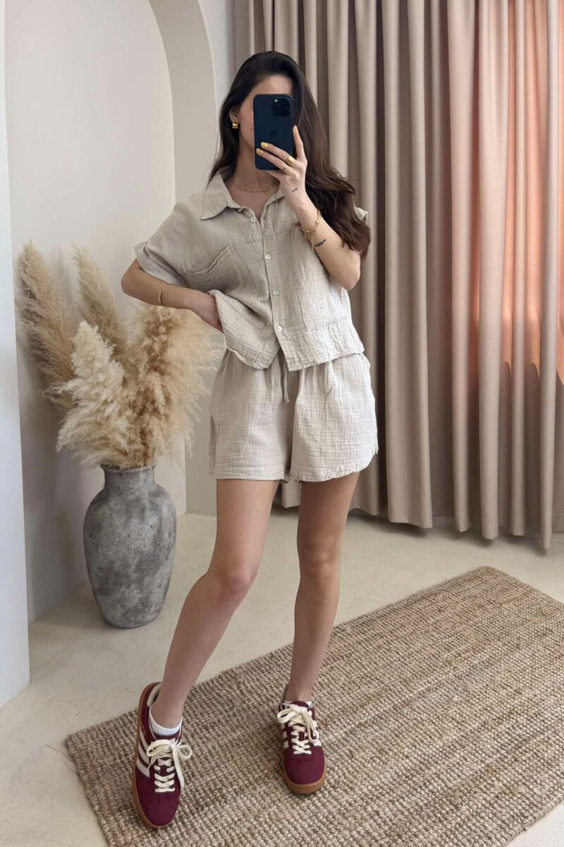 SHORT SLEEVES SHIRT+SHORTS ONE COLOR WOMEN SET LIGHT BEIGE/BZHZB - 2
