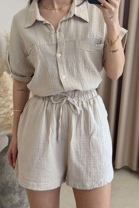 SHORT SLEEVES SHIRT+SHORTS ONE COLOR WOMEN SET LIGHT BEIGE/BZHZB - 3