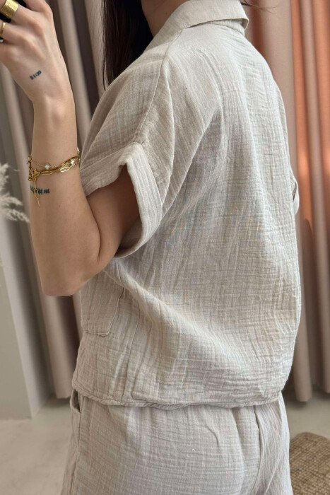 SHORT SLEEVES SHIRT+SHORTS ONE COLOR WOMEN SET LIGHT BEIGE/BZHZB - 4