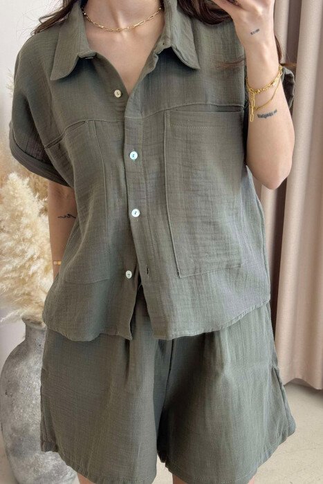 SHORT SLEEVES SHIRT+SHORTS ONE COLOR WOMEN SET OLIVE/ULLI - 4