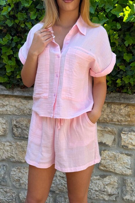 SHORT SLEEVES SHIRT+SHORTS ONE COLOR WOMEN SET PINK/ROZE - 2