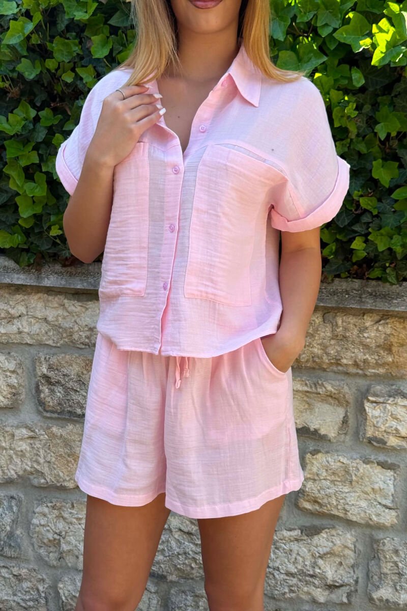 SHORT SLEEVES SHIRT+SHORTS ONE COLOR WOMEN SET PINK/ROZE - 2