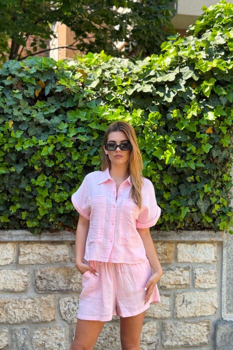 SHORT SLEEVES SHIRT+SHORTS ONE COLOR WOMEN SET PINK/ROZE - 3