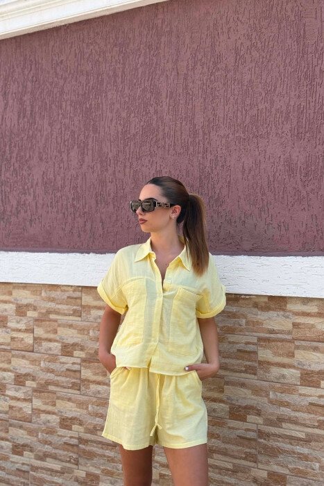 SHORT SLEEVES SHIRT+SHORTS ONE COLOR WOMEN SET YELLOW/E VERDHE - 3