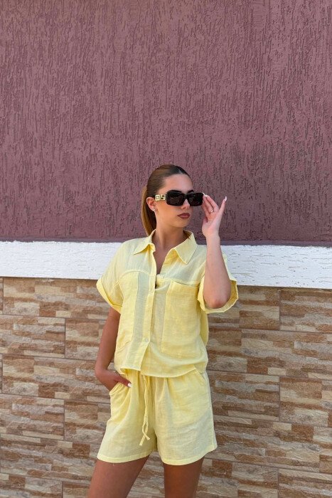 SHORT SLEEVES SHIRT+SHORTS ONE COLOR WOMEN SET YELLOW/E VERDHE - 4