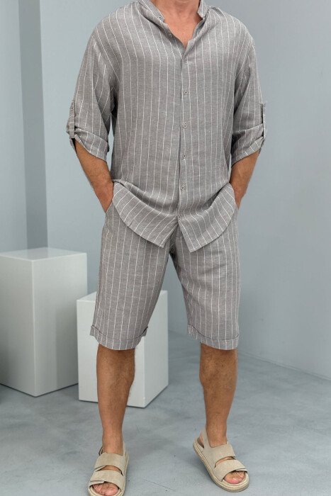 SHORT SLEEVES SHIRT+SHORTS STRIPED MEN SET GREY/GRI - KLAUDIO FASHION