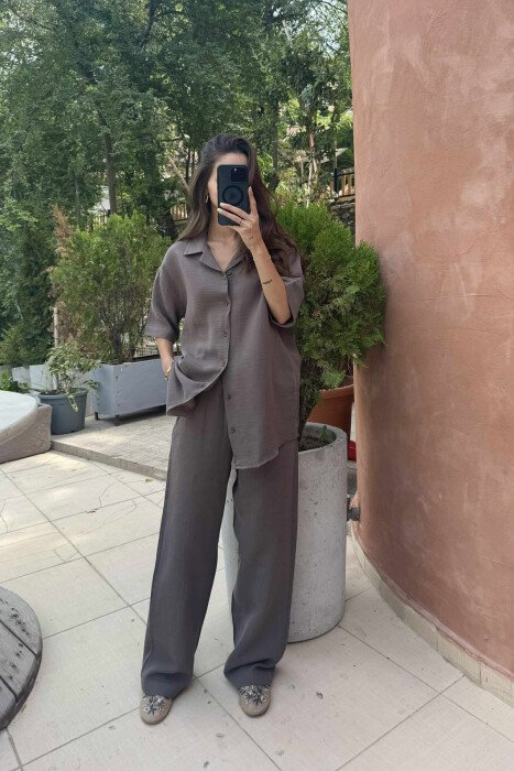 SHORT SLEEVES SHIRT+TROUSERS WOMEN SET OLIVE/ULLI - KLAUDIO FASHION