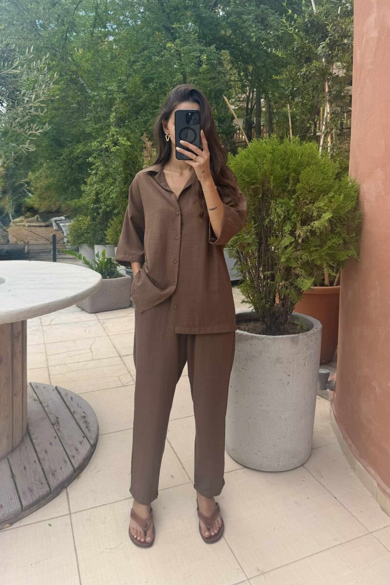 SHORT SLEEVES SHIRT+TROUSERS ONE COLOR WOMEN SET BROWN/KAFE - 1