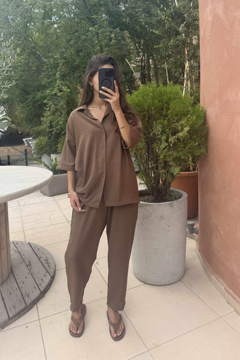 SHORT SLEEVES SHIRT+TROUSERS ONE COLOR WOMEN SET BROWN/KAFE - 4