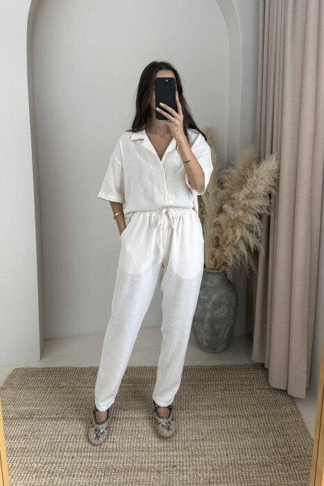 SHORT SLEEVES SHIRT+TROUSERS ONE COLOR WOMEN SET CREAM/KREM - 1