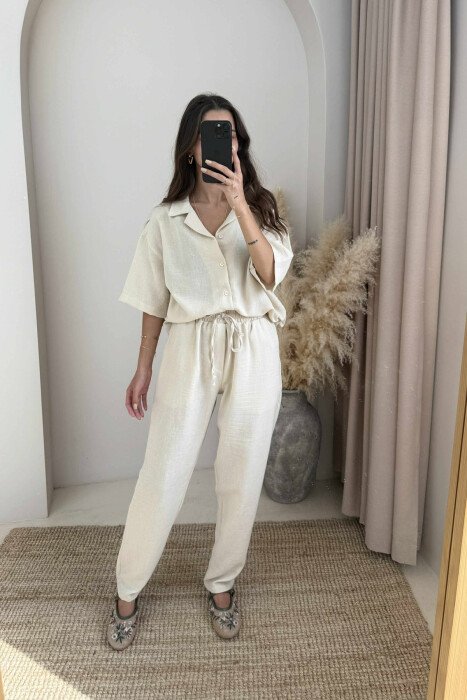 SHORT SLEEVES SHIRT+TROUSERS ONE COLOR WOMEN SET LIGHT BEIGE/BZHZB - 1