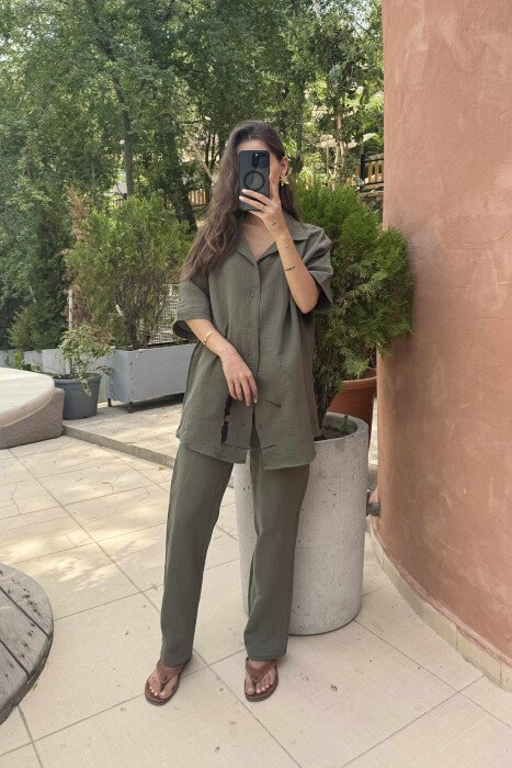 SHORT SLEEVES SHIRT+TROUSERS SIMPLE WOMEN SET GREEN/JESHILE - 1